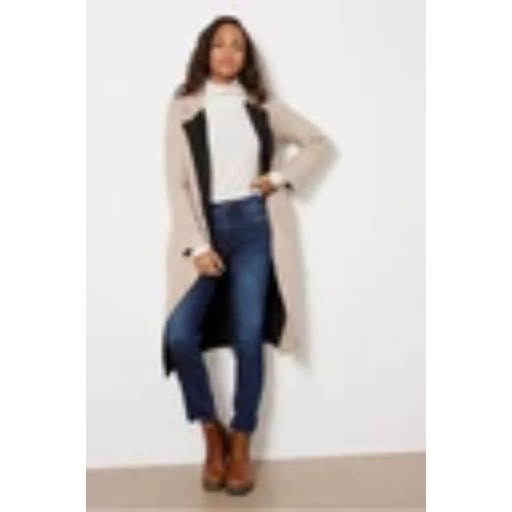 Women's JOHN + JENN Belted Long Sweater Coat in Cappucino/Black Size Small